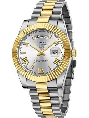Nibosi Men's Silver Gold Analog Quartz Stainless Waterproof Desiger Wrist Watch